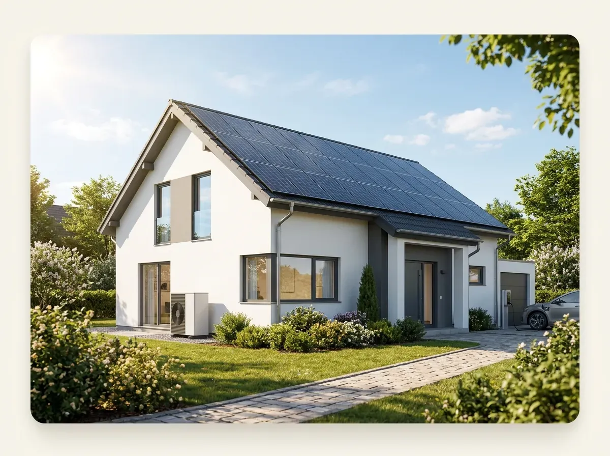 Modernes Wohnhaus mit Photovoltaikanlage und Wärmepumpe im Garten
