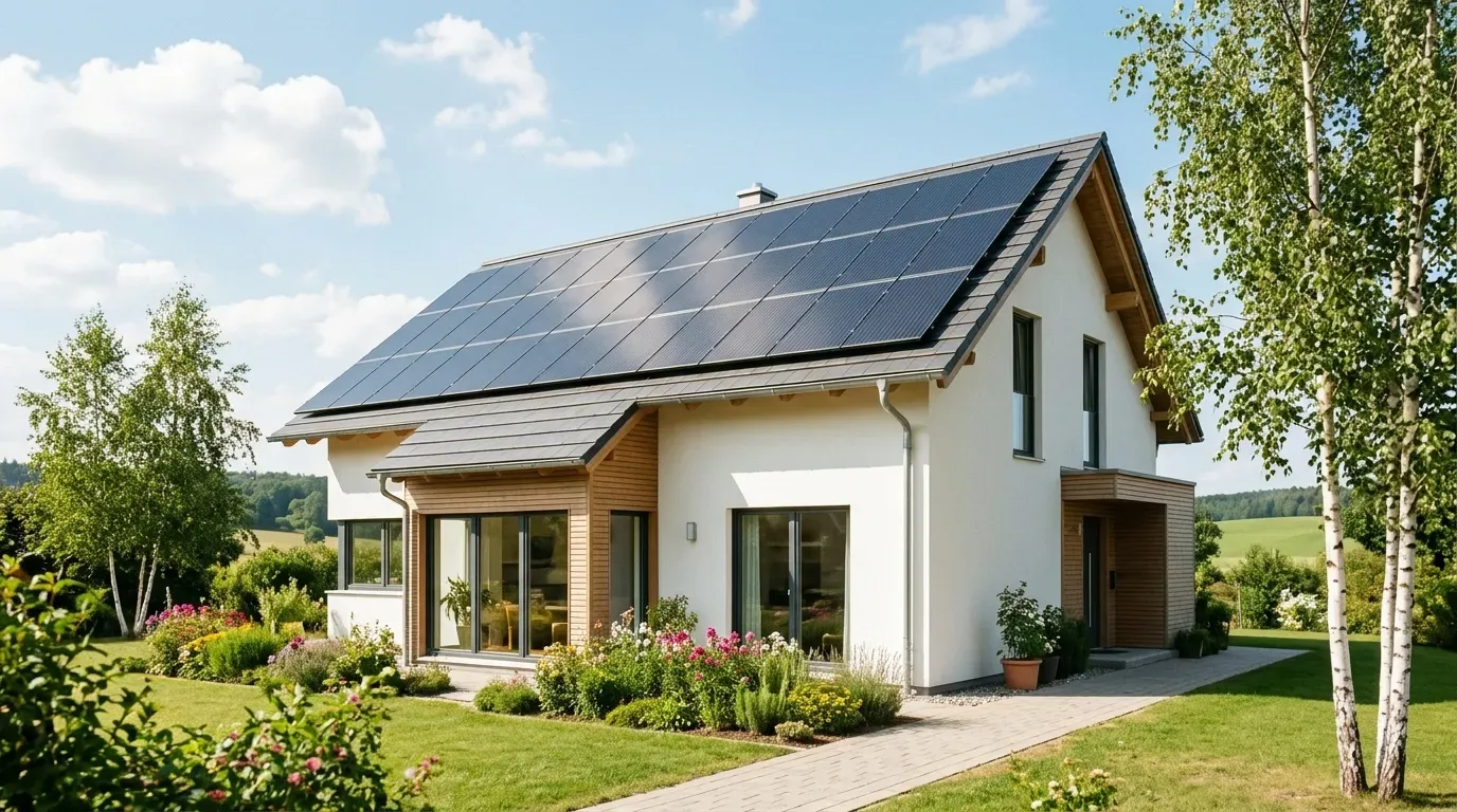 Einfamilienhaus mit Solaranlage auf dem Dach an einem sonnigen Tag